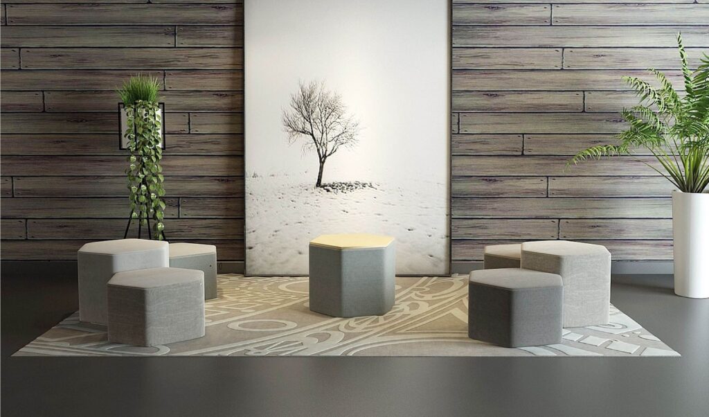 Modular meeting room furniture stools in a modern space.